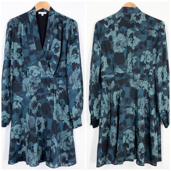 Equipment Floral Wrap Effect Bishop Sleeve Dress "Allaire" Size 10 Green Blue - Picture 1 of 16